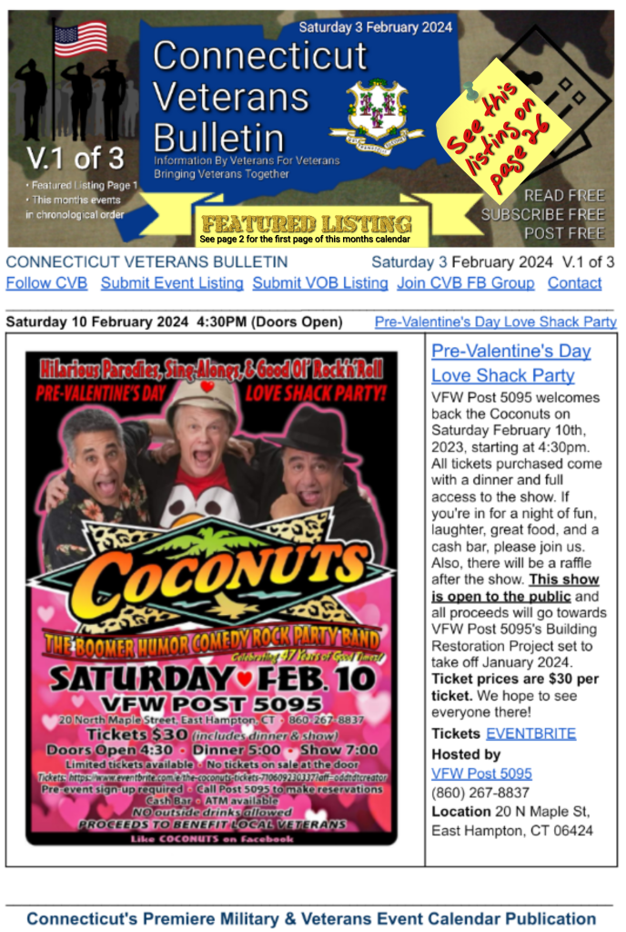 CVB Weekly Veterans Calendar Publication Featured Listing 3 February 2024 Volume 1 Page 26 Pre-Valentine's Day Love Shack Party-1
