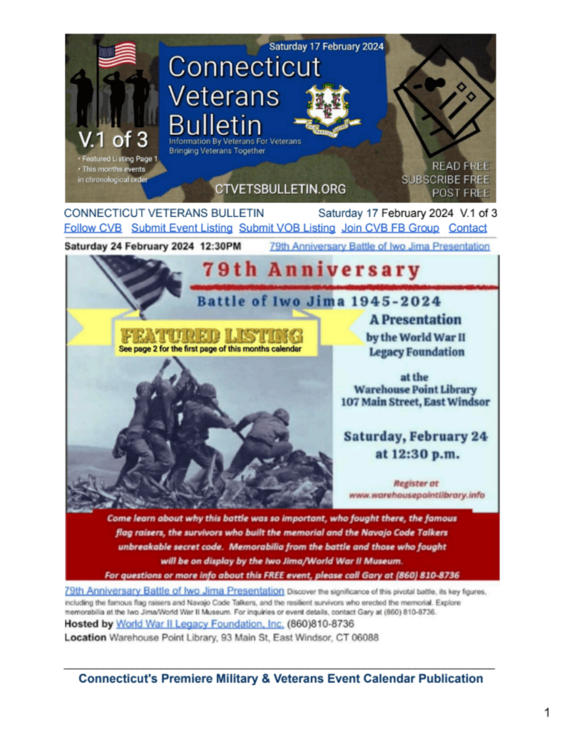 17 February 2024 CVB Connecticut Veterans Calendar Featured Listing Page 1 Volume 1