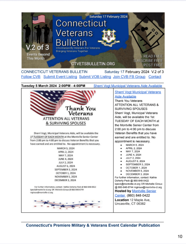 17 February 2024 CVB Connecticut Veterans Calendar Page 10 Listing Volume 2