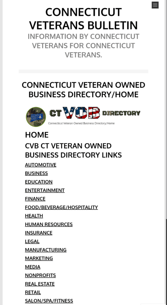 CVB'S Connecticut Veteran Owned Business Directory Home Page screenshot