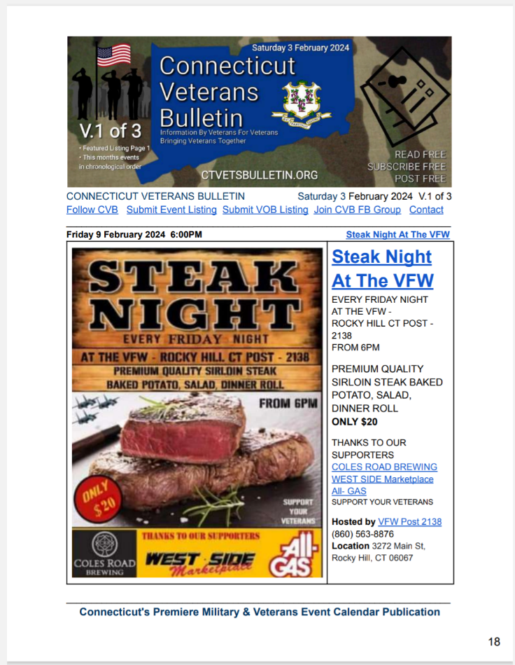 Steak Night At The VFW-EVERY FRIDAY NIGHT AT THE VFW- ROCKY HILL CT POST- 2138 FROM 6PM