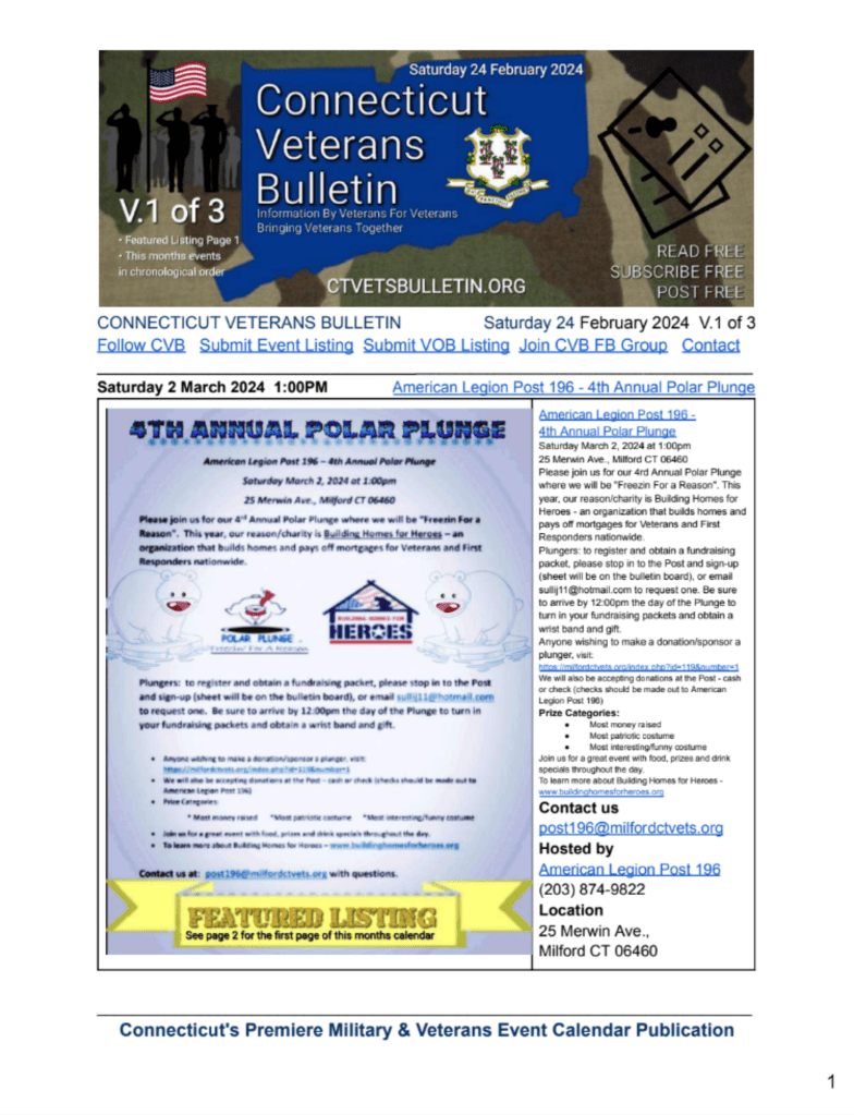V1 CVB's Weekly Connecticut Veterans Calendar Publication Saturday 24 February 2024 Featured Listing Image