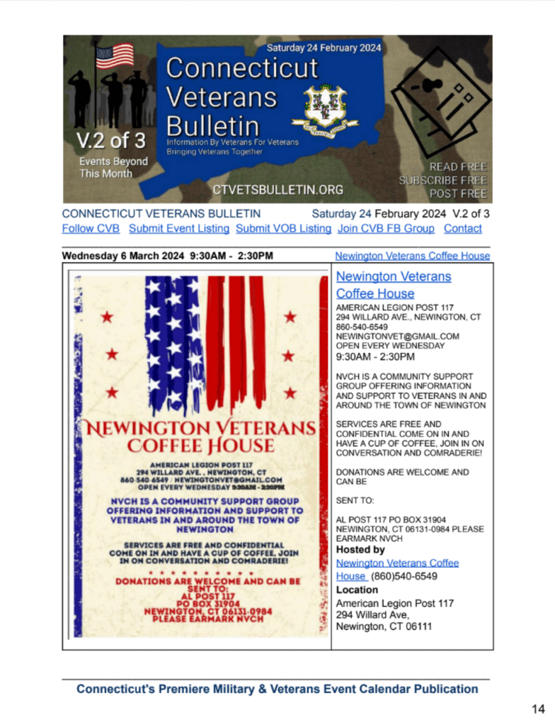 V2 CVB's Weekly Connecticut Veterans Calendar Publication Saturday 24 February 2024 page 14 Listing Image