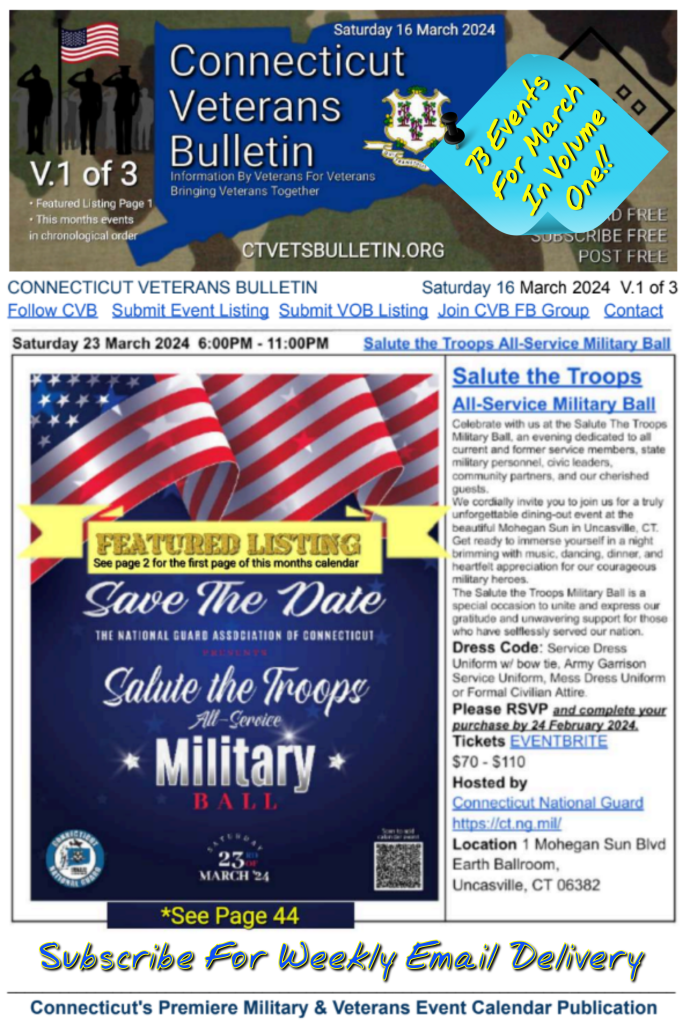 V1 CVB's Weekly Connecticut Veterans Calendar Publication Saturday 16 March 2024 featured listing page one