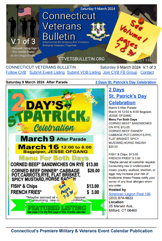 V1 Page Featured Listing CVB's Weekly Connecticut Veterans Calendar Publication Saturday 9 March 2024