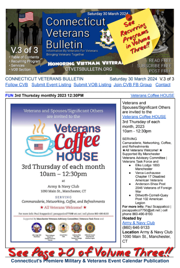V3 CVB's Weekly Connecticut Veterans Calendar Publication Saturday 30 March 2024 Page 20 Army Navy Coffee House Manchester