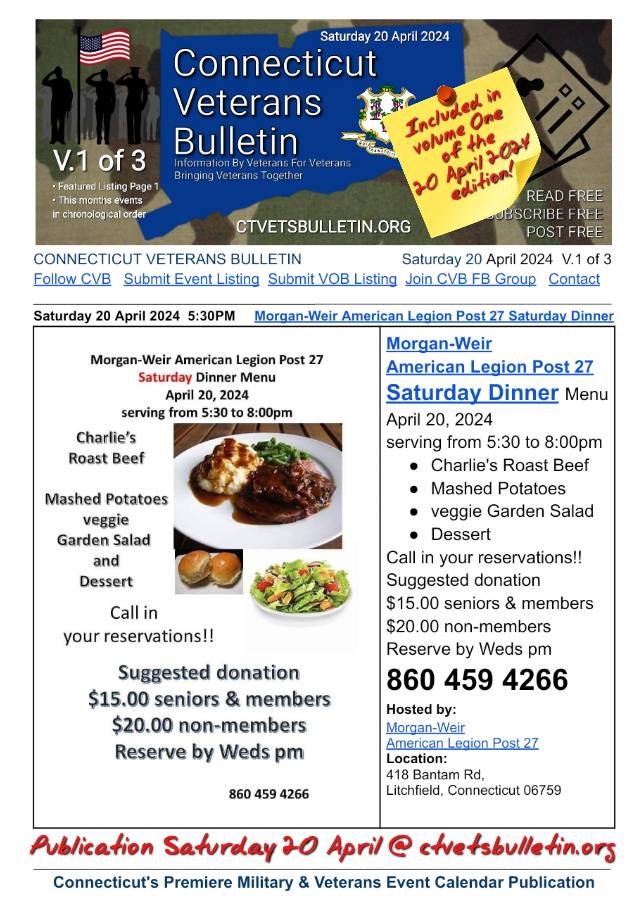 Morgan-Weir American Legion Post 27 Saturday Dinner Menu