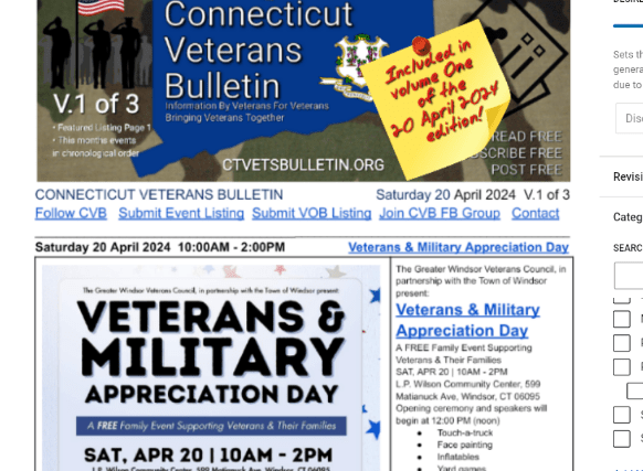 Preview Recent Additions to the Connecticut Veterans Calendar & Included in the 20 April 2024 edition of CVB’s Weekly Connecticut Veterans Calendar Publication Featured Image