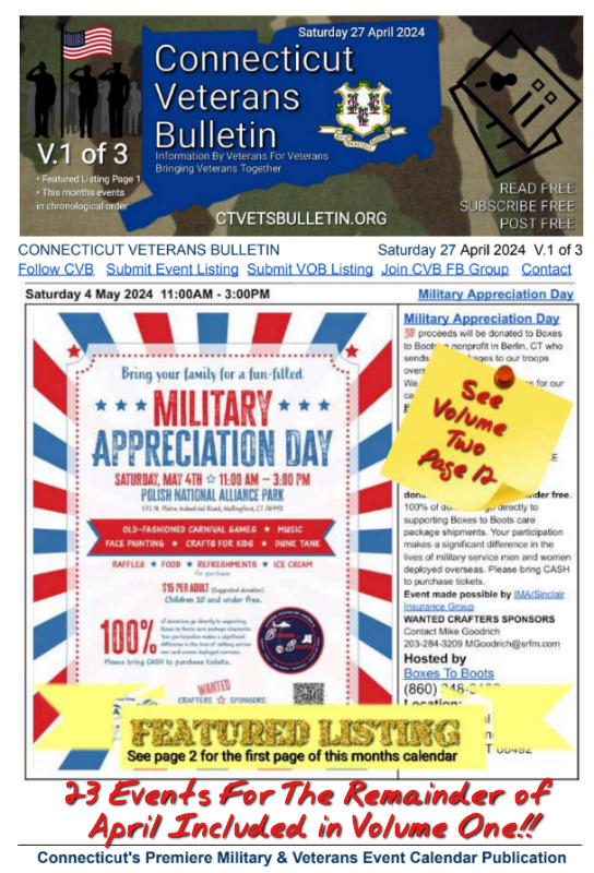 V1 CVB's Weekly Connecticut Veterans Calendar Publication Saturday 27 April 2024 featured image