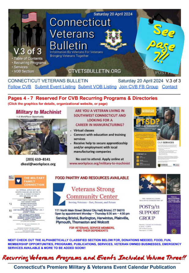 V3 CVB's Weekly Connecticut Veterans Calendar Publication Saturday 20 April 2024 Featured Page