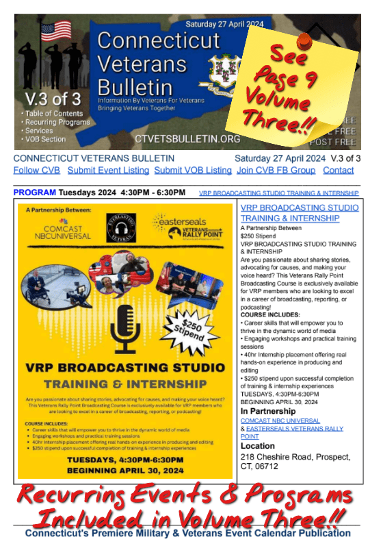 V3 CVB's Weekly Connecticut Veterans Calendar Publication Saturday 27 April 2024 featured image