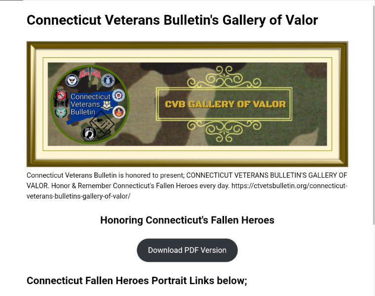 Connecticut Gallery of Valor, Memorial Day weekend, honor fallen heroes, Connecticut veterans tribute, visit Gallery of Valor, Memorial Day events Connecticut, fallen soldiers memorial, veterans' stories Connecticut, Connecticut Veterans Bulletin, tribute to military heroes, Memorial Day 2024, honoring veterans Connecticut, Gallery of Valor visit, Connecticut military heroes, Memorial Day activities, veterans memorials Connecticut, Gallery of Valor exhibition, Connecticut fallen veterans, military history Connecticut, Memorial Day remembrance.