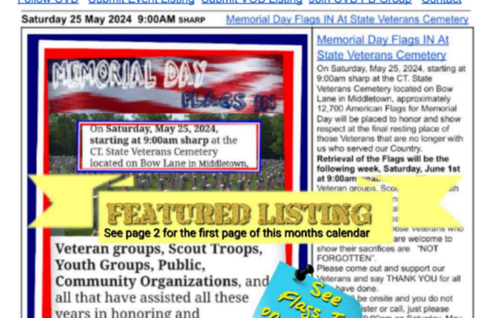 CVB's Weekly Connecticut Veterans Calendar Publication Saturday 18 May 2024 featured image