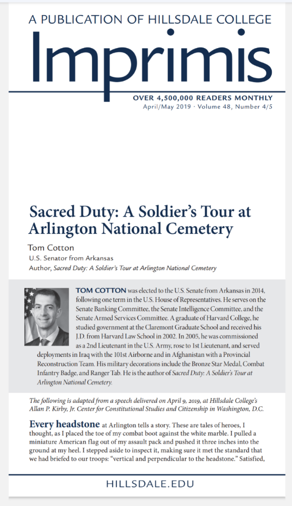 Sacred Duty: A Soldier’s Tour at Arlington National Cemetery Tom Cotton U.S. Senator from Arkansas Author, Sacred Duty: A Soldier’s Tour at Arlington National Cemetery