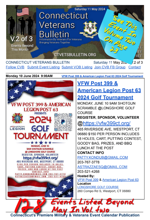 V2 CVB's Weekly Connecticut Veterans Calendar Publication Saturday 11 May 2024 featured listing