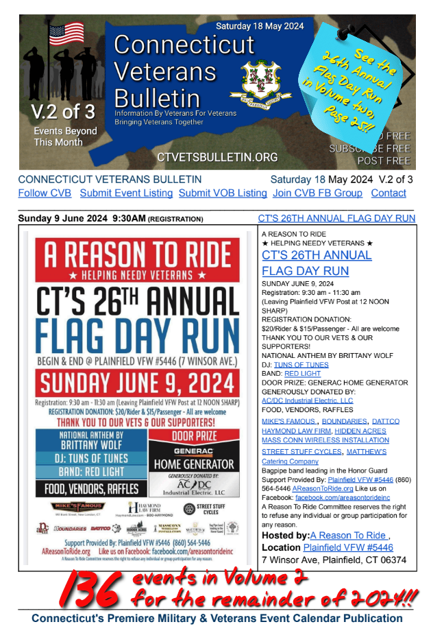 V2 CVB's Weekly Connecticut Veterans Calendar Publication Saturday 18 May 2024 featured image