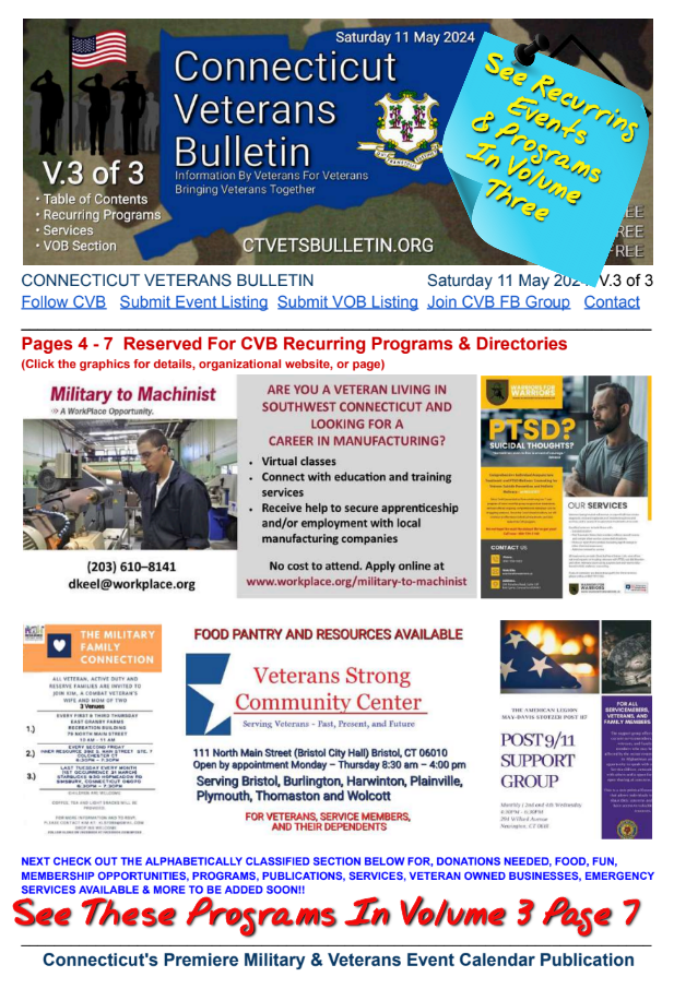 V3 CVB's Weekly Connecticut Veterans Calendar Publication Saturday 11 May 2024 featured page