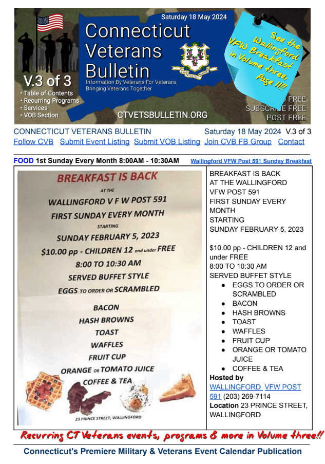 V3 CVB's Weekly Connecticut Veterans Calendar Publication Saturday 18 May 2024 featured image