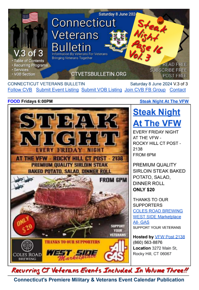V3 CVB's Weekly Connecticut Veterans Calendar Publication Saturday 8 June 2024 featured image