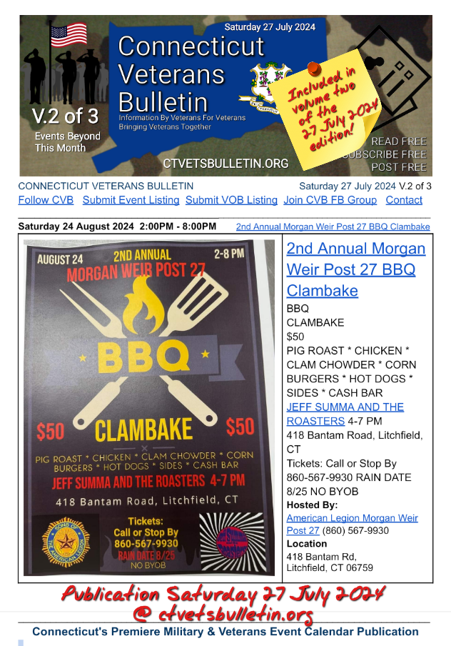 2nd Annual Morgan Weir Post 27 BBQ Clambake