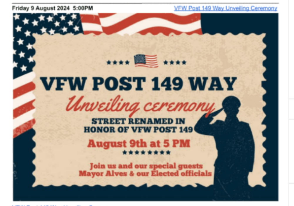 CVB’S 25 July 2024 Thursday Veterans Calendar Preview of Veterans Events & Programs new this week in the 27 July 2024 edition of CVB’s Connecticut Veterans Calendar featured listing VFW Post 149 Way unveiling ceremony