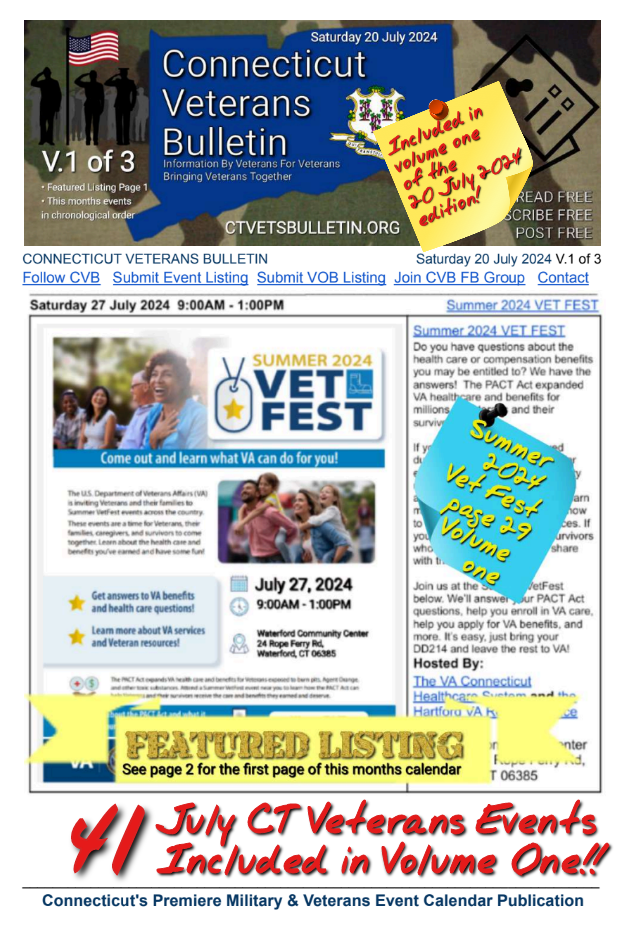 V1 CVB's Weekly Connecticut Veterans Calendar Publication Saturday 20 July 2024 featured listing
