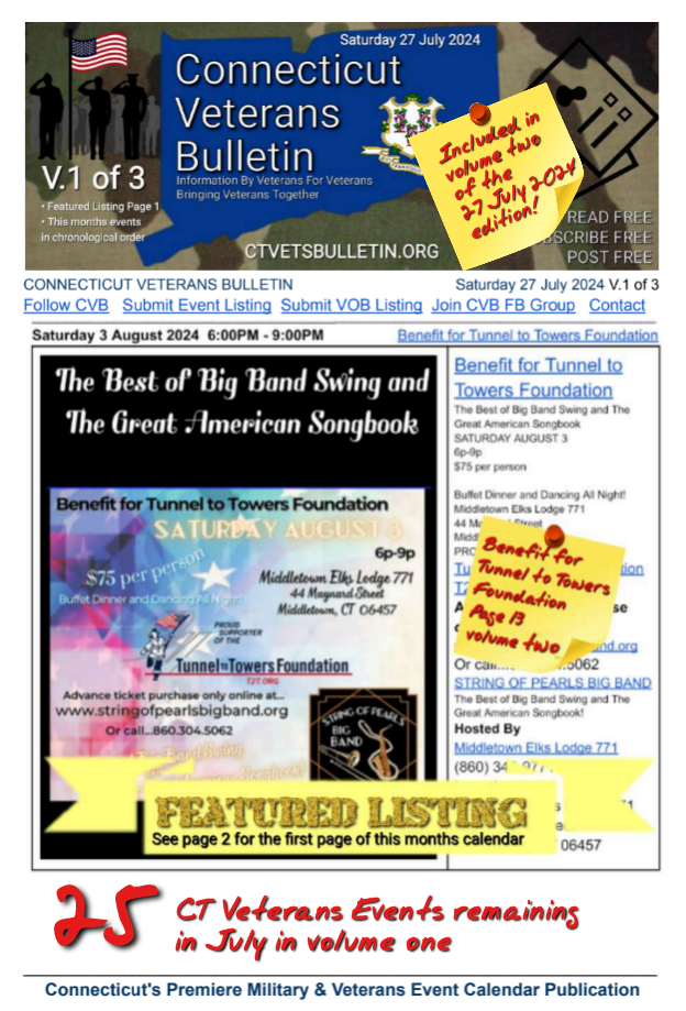 V1 CVB's Weekly Connecticut Veterans Calendar Publication Saturday 27 July 2024 featured listing