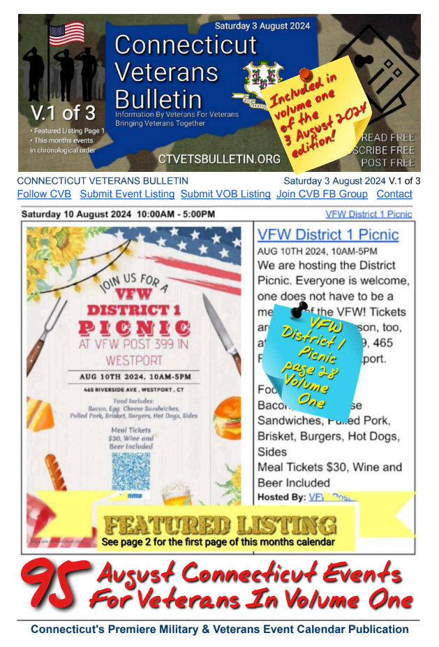 V1 CVB's Weekly Connecticut Veterans Calendar Publication Saturday 3 August 2024 featured listing