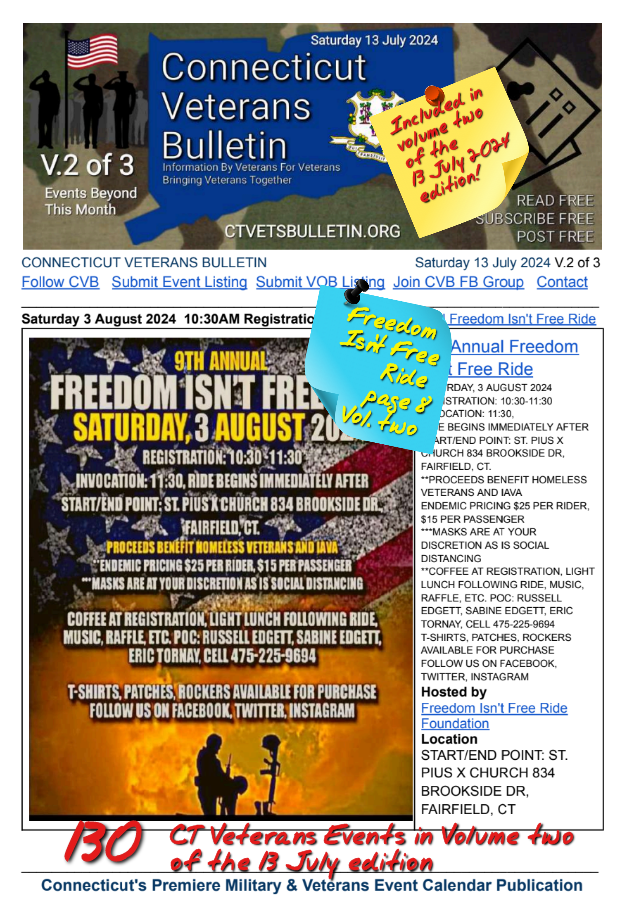 V2 CVB's Weekly Connecticut Veterans Calendar Publication Saturday 13 July 2024 featured listing