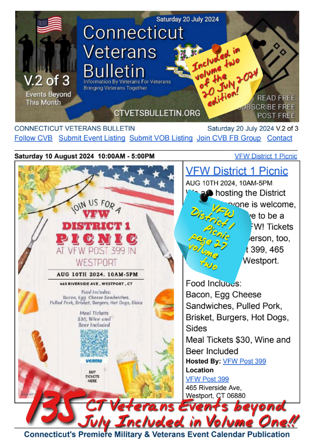 V2 CVB's Weekly Connecticut Veterans Calendar Publication Saturday 20 July 2024 featured listing