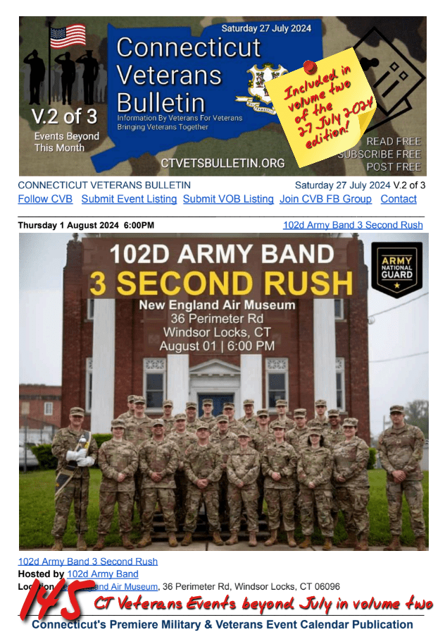 V2 CVB's Weekly Connecticut Veterans Calendar Publication Saturday 27 July 2024 featured listing