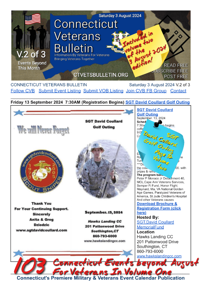 V2 CVB's Weekly Connecticut Veterans Calendar Publication Saturday 3 August 2024 featured listing