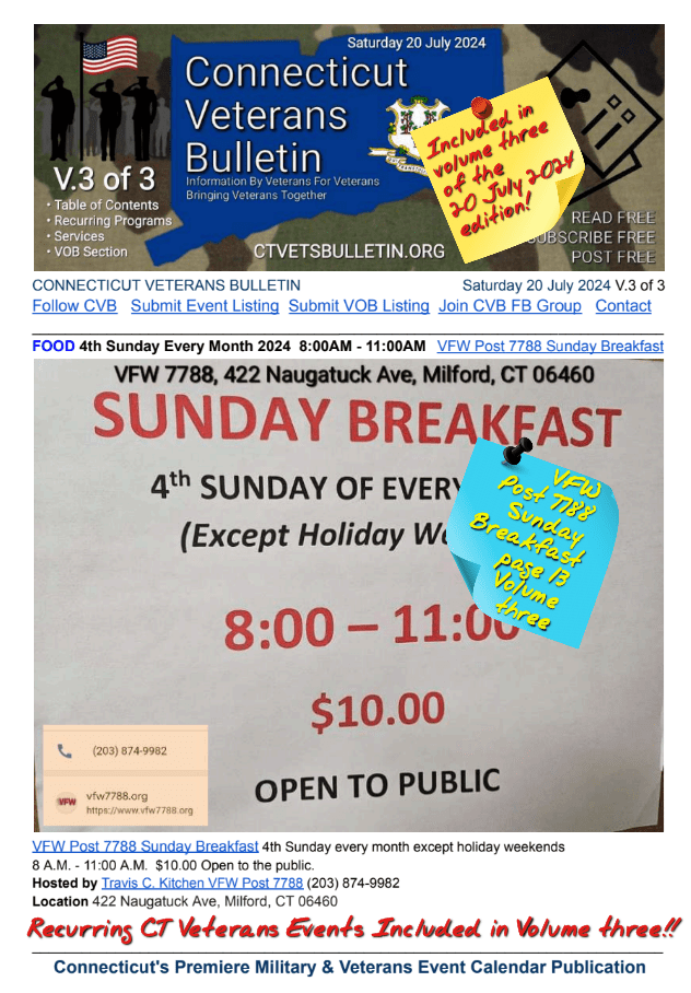 V3 CVB's Weekly Connecticut Veterans Calendar Publication Saturday 20 July 2024 featured listing