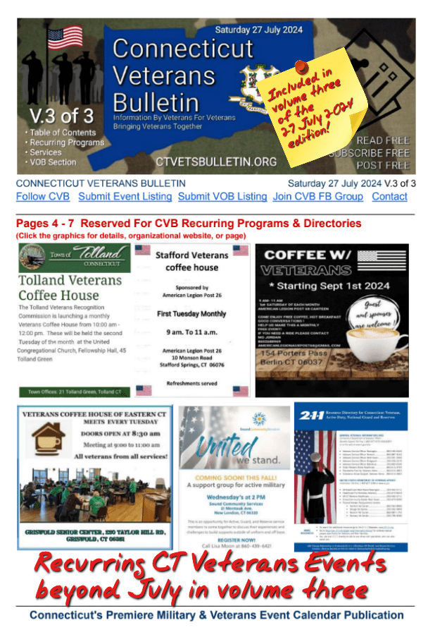V3 CVB's Weekly Connecticut Veterans Calendar Publication Saturday 27 July 2024 featured page