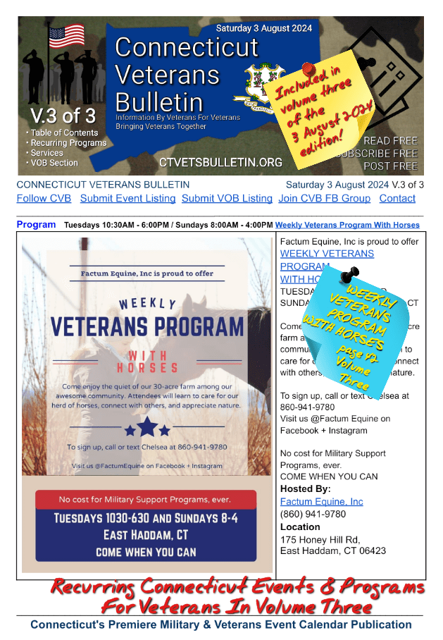 V3 CVB's Weekly Connecticut Veterans Calendar Publication Saturday 3 August 2024 featured listing