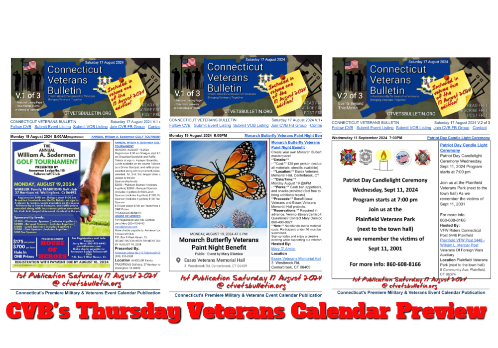 CVB's 15 August 2024 Thursday Veterans Calendar Preview
