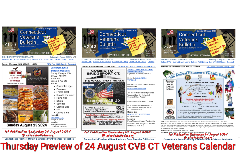CVB’S 22 August 2024 Thursday Veterans Calendar Preview of Veterans Events & Programs new this week in the 24 August 2024 edition of CVB’s Connecticut Veterans Calendar featured image
