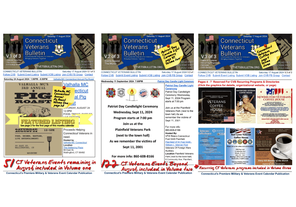 CVB's Weekly Connecticut Veterans Calendar Publication Saturday 17 August 2024 featured image
