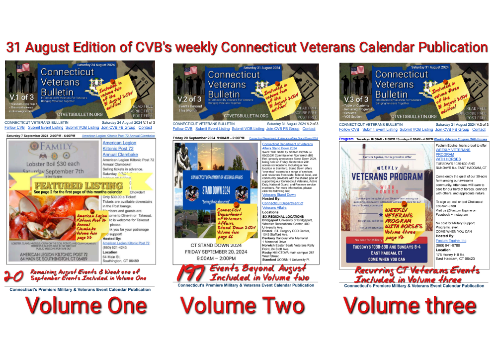 CVB's Weekly Connecticut Veterans Calendar Publication Saturday 31 August 2024 featured image