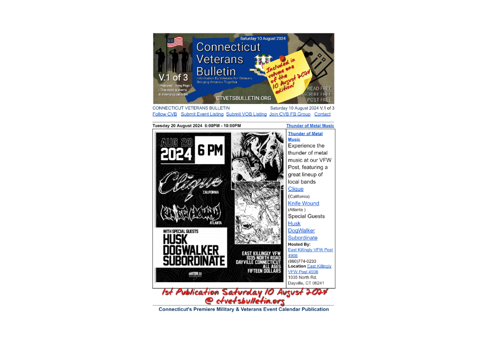 Thunder of Metal Music featured listing CVB’S 8 August 2024 Thursday Veterans Calendar Preview of Veterans Events & Programs new this week in the 10 August 2024 edition of CVB’s Connecticut Veterans Calendar