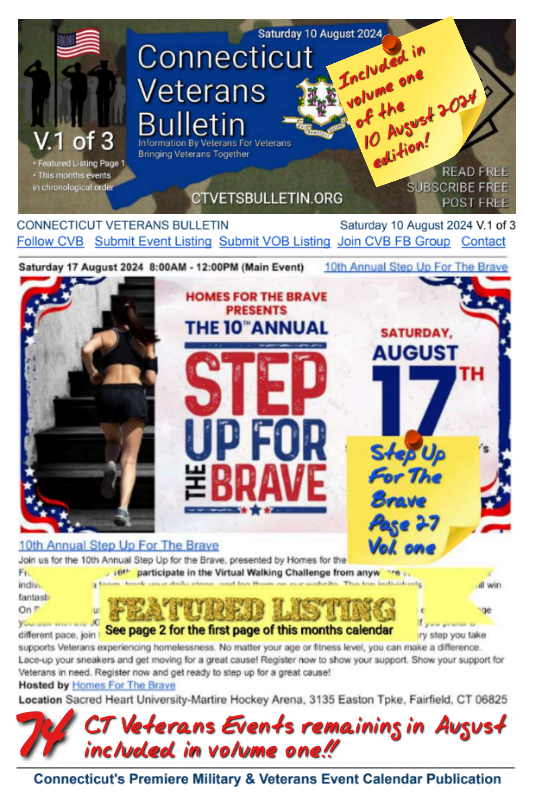 V1 CVB's Weekly Connecticut Veterans Calendar Publication Saturday 10 August 2024 featured listing