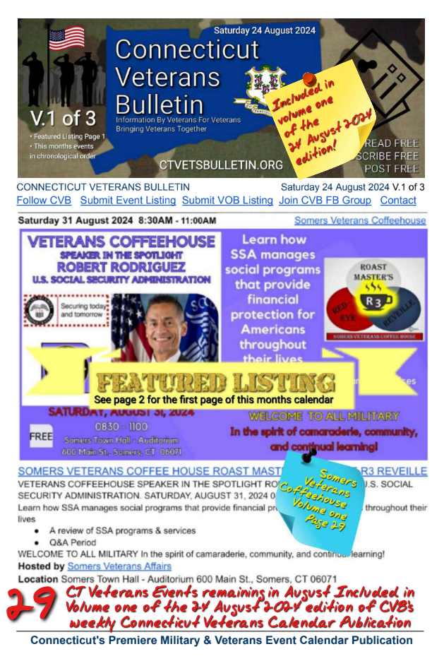 V1 CVB's Weekly Connecticut Veterans Calendar Publication Saturday 24 August 2024 featured listing