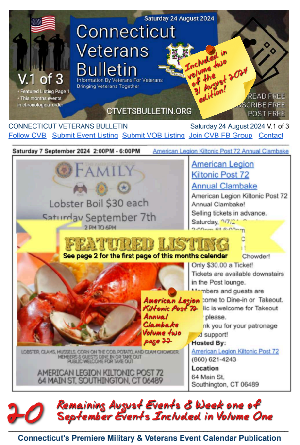 V1 CVB's Weekly Connecticut Veterans Calendar Publication Saturday 31 August 2024 featured listing