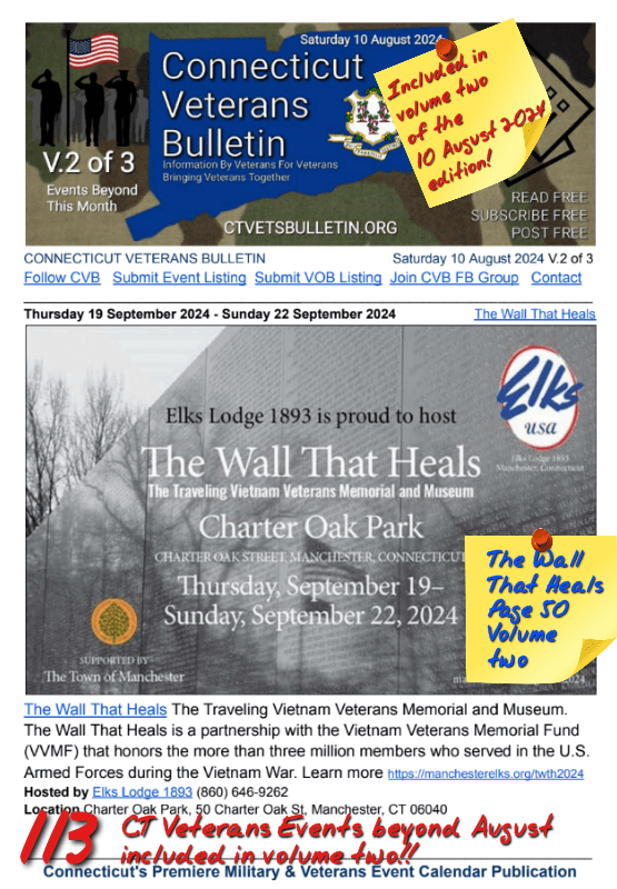 V2 CVB's Weekly Connecticut Veterans Calendar Publication Saturday 10 August 2024 featured listing