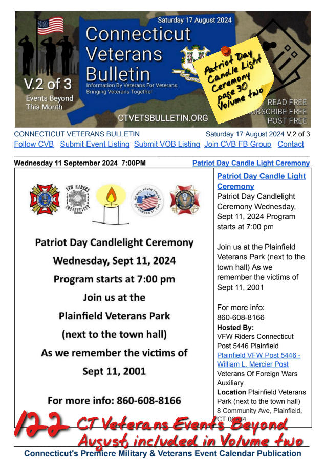 V2 CVB's Weekly Connecticut Veterans Calendar Publication Saturday 17 August 2024 featured listing Patriot Day Candle LightCeremony