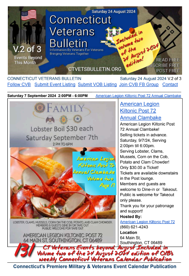 V2 CVB's Weekly Connecticut Veterans Calendar Publication Saturday 24 August 2024 featured listing American Legion Kiltonic Post72 Annual Clambake