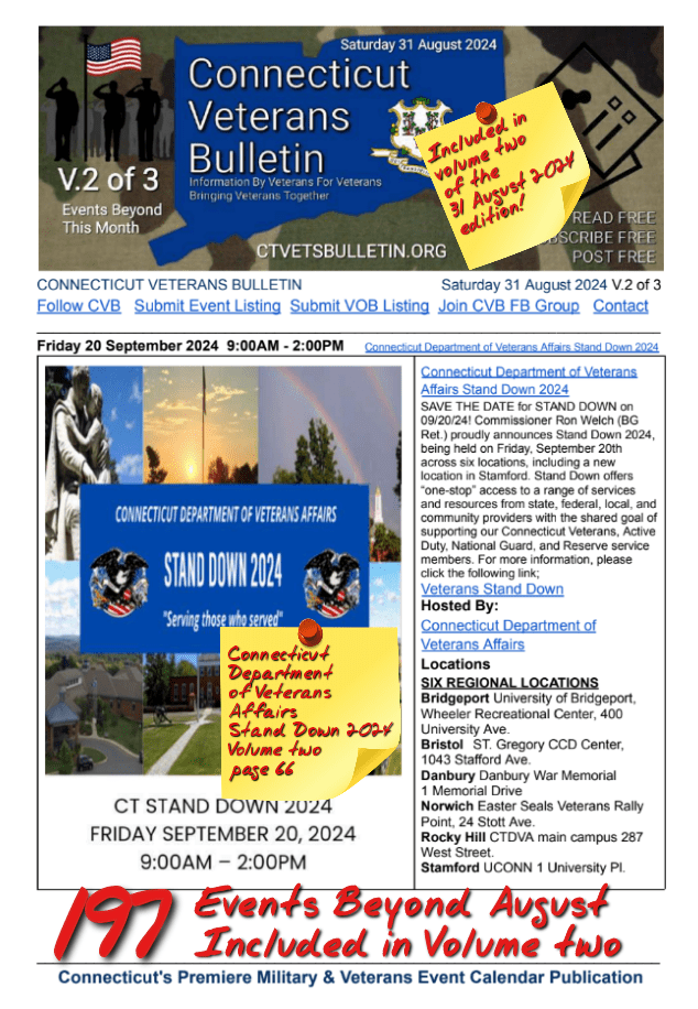 V2 CVB's Weekly Connecticut Veterans Calendar Publication Saturday 31 August 2024 featured listing