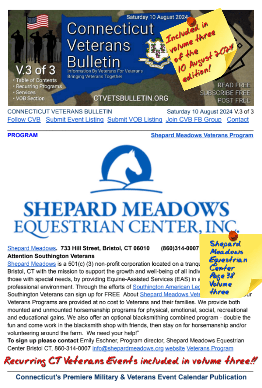 V3 CVB's Weekly Connecticut Veterans Calendar Publication Saturday 10 August 2024 featured listing
