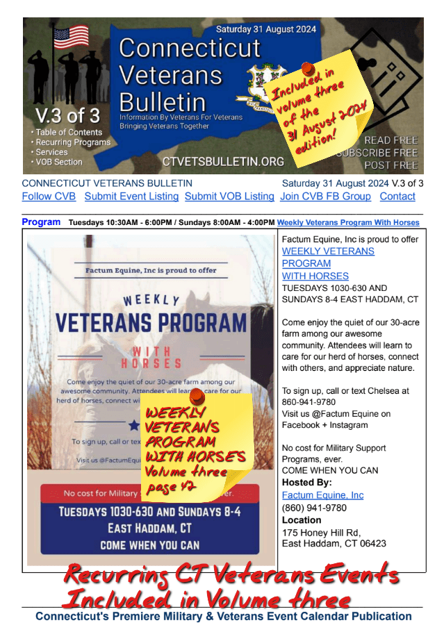 V3 CVB's Weekly Connecticut Veterans Calendar Publication Saturday 31 August 2024 featured listing