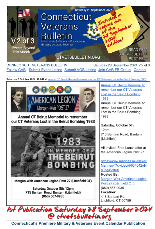 Annual CT Beirut Memorial to remember our CT Veterans Lost in the Beirut Bombing 1983